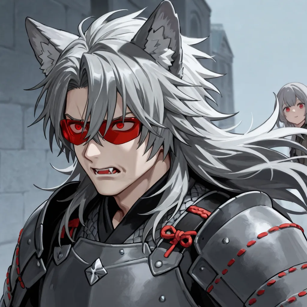 Semi-human male werewolf long gray hair, with fear ,  red eyes, Japanese gray armor with shades of red ,  wolf ears, Back background some Japanese-style houses  