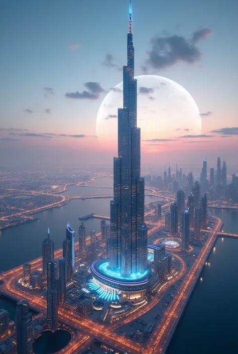 Futuristic Dubai in the year 2075, a hyper-advanced city merging technology, architecture, and AI-driven infrastructure. Towering Orbital Skyscraper extends beyond the atmosphere, connecting Earth to a massive space station with electromagnetic elevators. ...