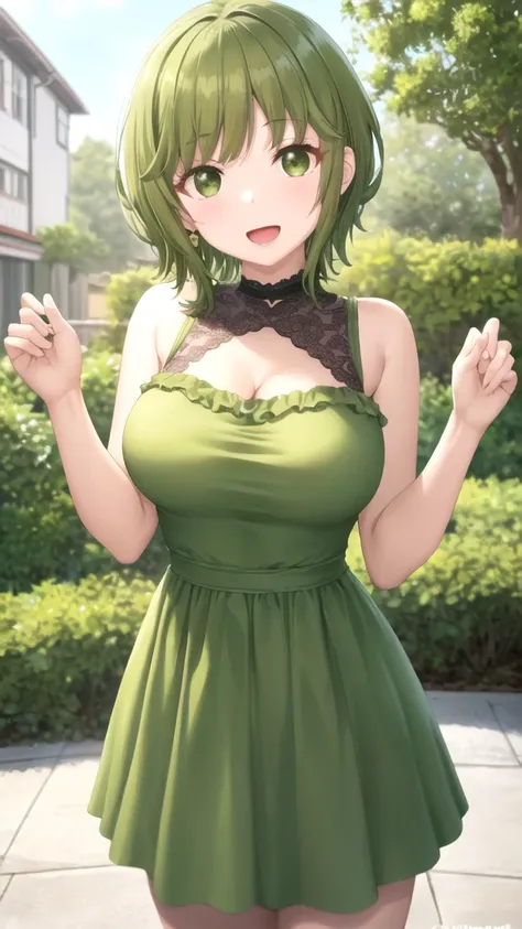 Masterpieces, Best Quality, girl, looking at viewer, isanahigashira, isana higashira, short hair, bangs, (green eyes:1.3), green hair, large breasts, princess connect Re:Dive cosplay, princess Dress, standing, smile, open mouth, outdoors 