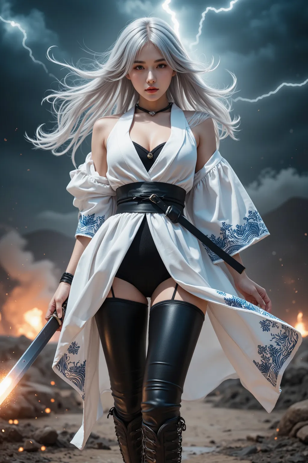 Create a hyper-realistic, battle-hardened female version of Gintoki Sakata from Gintama, reimagined with a perfect balance of beauty, strength, and charisma. She has long, silver hair flowing wildly, reflecting the battlefield’s chaos. Her piercing eyes sh...