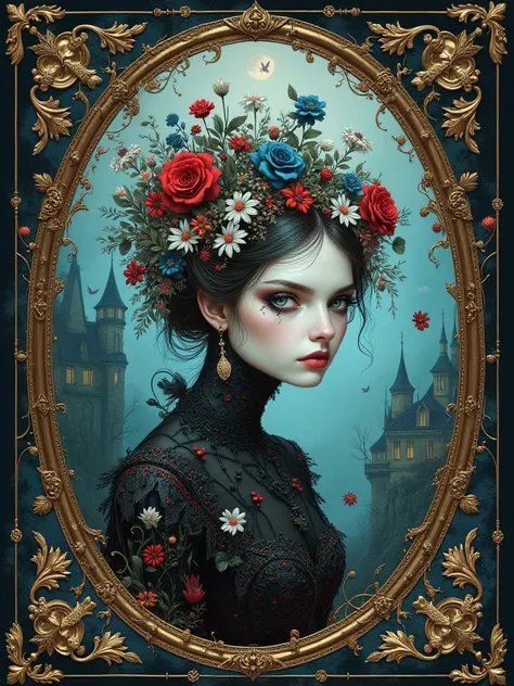 concept design sheet,   A lavish, intricately detailed Portrait elegant and graceful, depicting surreal, eerie imagery with fantastical elements and bizarre scenes in ebony and platinum, turquoise, red, blue and white tones, adorable and cute. Castle and c...