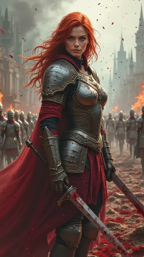 Redheaded warrior woman with her armor on a bloody battlefield carrying her blood-stained sword 