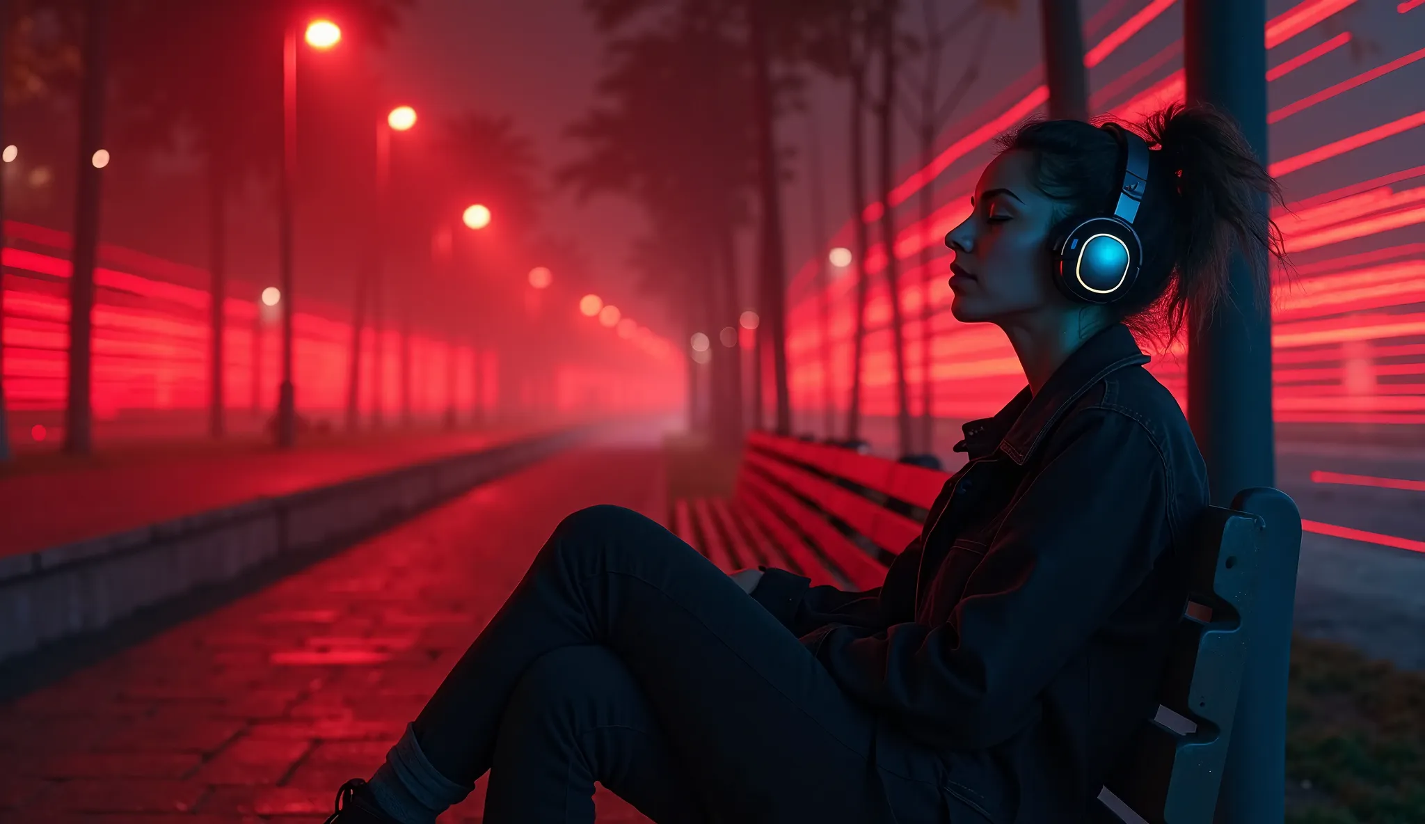 A person sits on a park bench at night, surrounded by an aura of electronic music. She is wearing a modern headset, with her eyes closed and an expression of total immersion. The surrounding environment is minimalist, lit by vibrant shades of red and black...