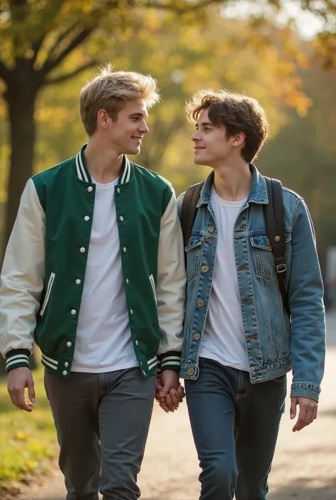 Generate an image of American young gay couple looking inlove at each other while walking hand in hand in the park; A High school jock with blonde hair, gray eyes, athletic body, wearing a green varsity jacket with kind expression and a normal high school ...