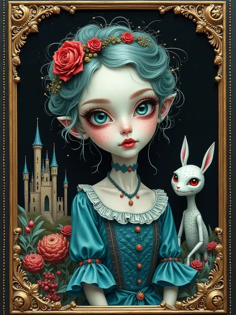 concept design sheet,   A lavish, intricately detailed Portrait elegant and graceful, depicting surreal, eerie imagery with fantastical elements and bizarre scenes in ebony and platinum, turquoise, red, blue and white tones, adorable and cute. Castle and c...