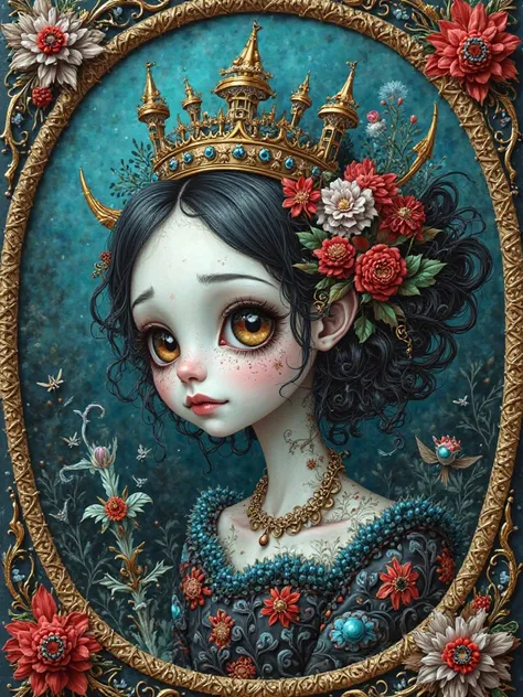 concept design sheet,   A lavish, intricately detailed Portrait elegant and graceful, depicting surreal, eerie imagery with fantastical elements and bizarre scenes in ebony and platinum, turquoise, red, blue and white tones, adorable and cute. Castle and c...