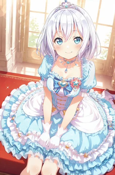 1girl, solo, kurata mashiro,white hair,short hair,blue eyes, {{medium breasts}}, {{{large breasts}}}, {{{smile}}}, {{{{masterpiece}}}}, {{{best quality}}}, {{{high quality}}}, {{{smile}}}, {{{princess costume}}}, {{{{{puff sleeve}}}}}, {{{princess}}}, {{{f...