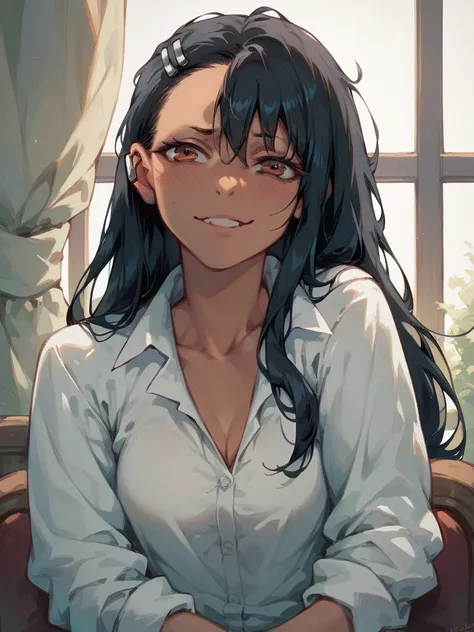 Nagatoro Hayase is a dark-skinned girl, long black hair and brown eyes ,,,  big boobs, 