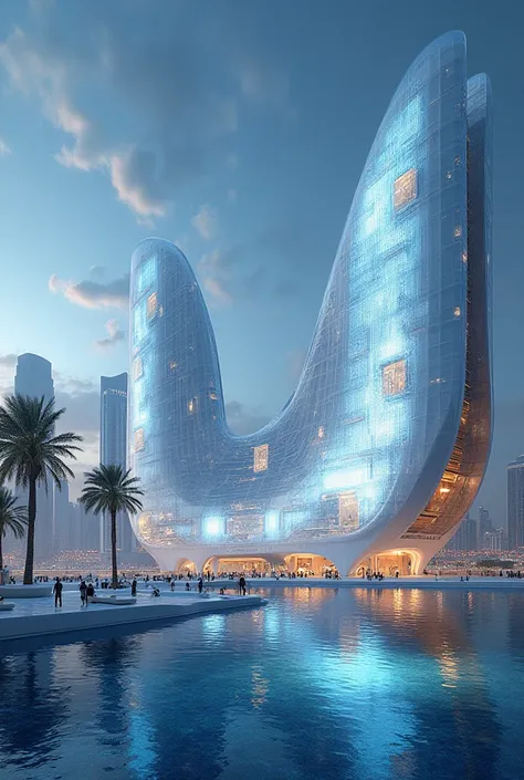 Visualize the Museum of the Future in Dubai as it evolves in the next 100 years, pushing the boundaries of architecture, technology, and human experience. The structure is now a self-sustaining, AI-driven intelligent building with dynamic, shape-shifting e...