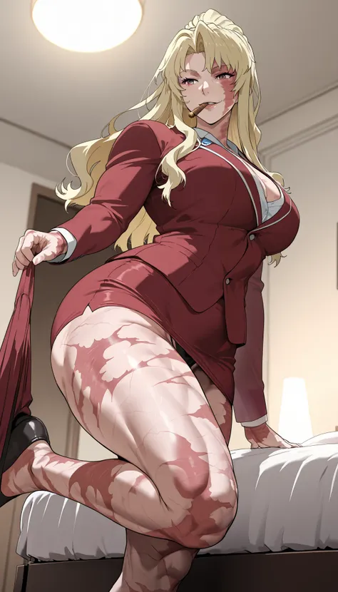 score_9, score_8_up, score_7_up, slimes_balalaika, woman, solo, burn scar on right side of face, side smile, red skirt suit, thong, blonde hair, (scar:1.2), Large breast, thick muscular thighs, curvy hips, in room, on bed, lifting her one leg up, Anime col...