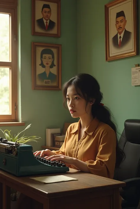 a female teacher in Malay land in 1970 was typing on a typewriter in a small office decorated with a picture of the Yang di-Pertua of the state of Malacca on the wall