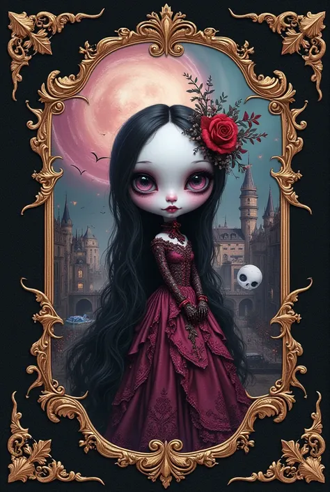 concept design sheet,   A lavish, intricately detailed Portrait elegant and graceful, depicting surreal, eerie imagery with fantastical elements and bizarre scenes in ebony and silver, purple, red, pink and white tones, adorable and cute. Castle and creatu...