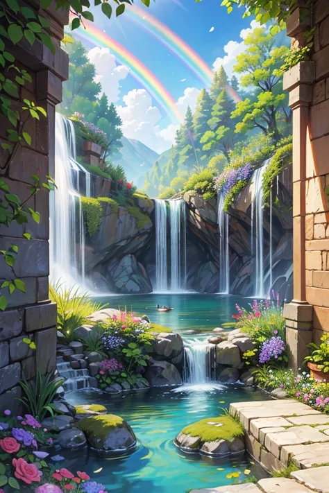 Siamese cat - Fantastic - Art style Waterfall Soft art style Vivid colors Bright light Wonderful Heavenly garden, rainbow reflected on a splendid river valley of eden sea a wonderful valley,Morning sun, river, rose, pastel pink path, beautiful atmosphere, ...