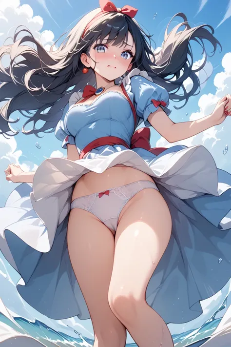 (  best quality)( artistic) low angle(  beautiful face)snow white(embarrassed), wind blowing, Skirt flips up, white panties, 