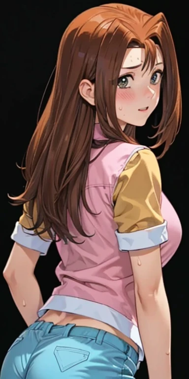  1 female, high definition, high resolution,  ultra-realistic  ,8K,serenidaddm ,  gray eyes, long hair,  brown hair,   pink shirt ,  blue shorts,European,sexy, breast {x} Close-up of the upper body,  photographed from the front , Dynamic Angles ,blush,  sm...