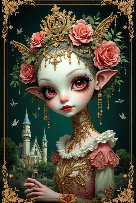 concept design sheet,   A lavish, intricately detailed Portrait elegant and graceful, depicting surreal, eerie imagery with fantastical elements and bizarre scenes in ebony and silver, lime green, red, pink and white tones, adorable and cute. Castle and cr...