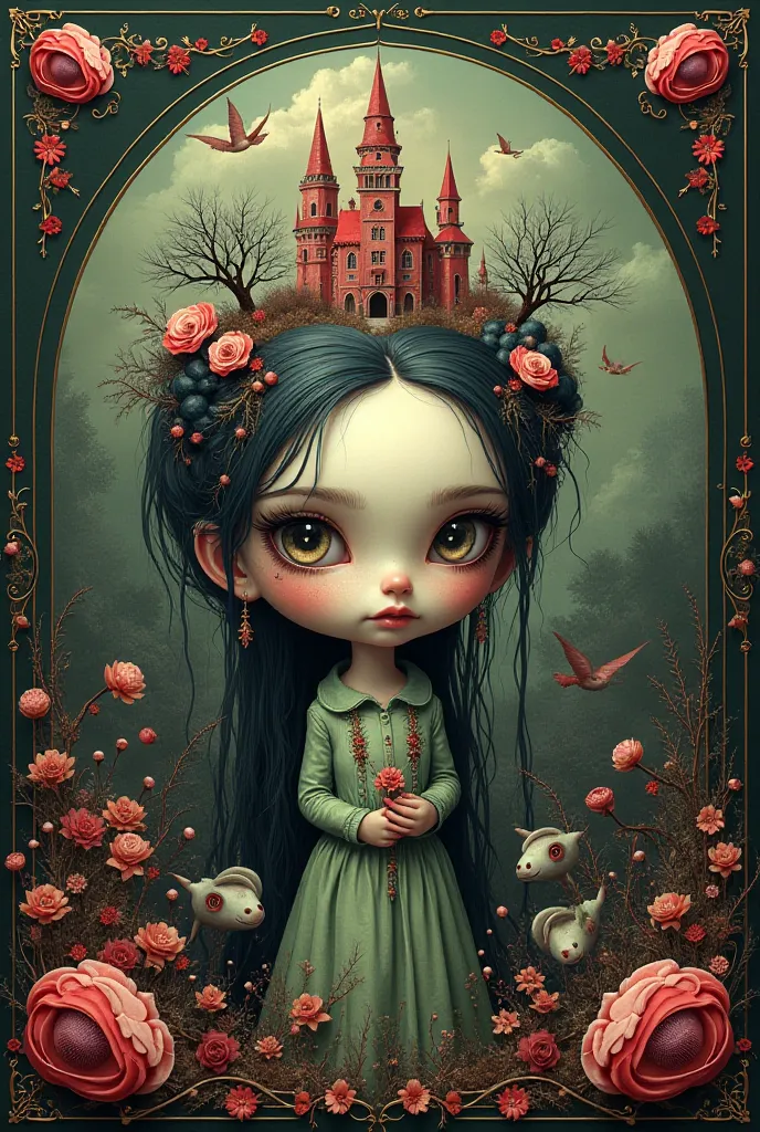 concept design sheet,   A lavish, intricately detailed Portrait elegant and graceful, depicting surreal, eerie imagery with fantastical elements and bizarre scenes in ebony and silver, lime green, red, pink and white tones, adorable and cute. Castle and cr...