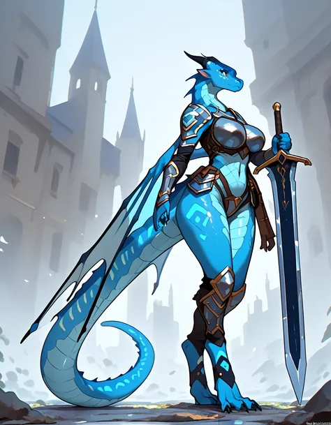 Full blue scales female anthropomorphic dragon seawing sexy hot female, very long digitigrade legs, (breast) (wide hips) (bronze armored body, bronze harness bondaged full body), wings on back and huge massive long tail full strong long giant dragon, (vill...