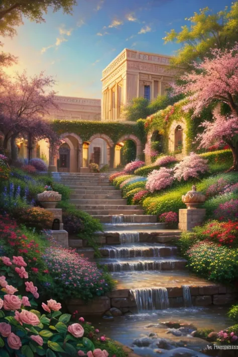  - Fantastic - Painting Style Waterfall Soft painting style Brightly colored Bright light a wonderful heavenly garden, rainbow reflected on a splendid river valley of eden sea a wonderful valley,morning sun, river, roses, pastel pink paths, a beautiful atm...