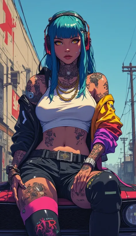 Boobs,pubic hair,blue long hair,yellow eyes,25 years old,sweater, hoodie,cargos, street,bright glowing tattoos, sitting on muscle car,, bob cut hair,sexy,neck wearing,hd,ultra hd,chains,gangster rings,boobs,firearm,head phones,lollipop,wall with spray pain...