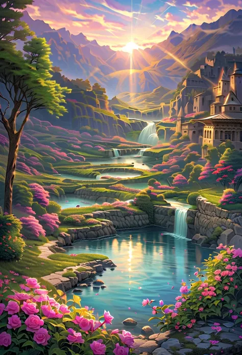  - Fantastic - painting style waterfall, soft painting style, vivid color, bright light, wonderful heavenly garden, rainbow reflected on a splendid river valley of eden sea a wonderful valley,Morning sun, river, rose, pastel pink path, beautiful atmosphere...