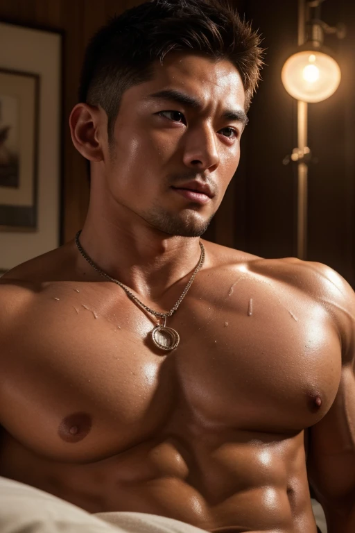  muscular japanese male bodybuilder in his 20s lay down on bed, intense orgasm expression, hairy chest, beautiful detailed eyes, beautiful detailed lips,necklace，extremely detailed face, longeyelashes,extremely sweaty (best quality,4k,8k,highres,masterpiec...