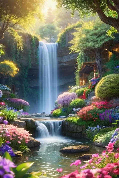 Taisho Retro、lacquer painting、 Japanese Garden、 no one、11 The city was enveloped in the glory of God、Shining like a jewel、Like Jasper〔Like crystal〕It was crystal clear.。 no one。Israel- Fantastic - Painting Style Waterfall Soft painting style Brightly color...