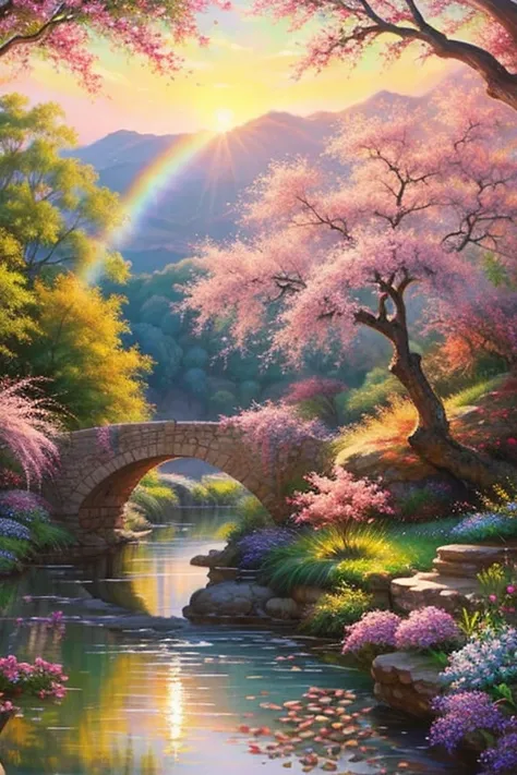 - Fantastic - painting style waterfall, soft painting style, vivid color, bright light, wonderful heavenly garden, rainbow reflected on a splendid river valley of eden sea a wonderful valley,Morning sun, river, rose, pastel pink path, beautiful atmosphere,...