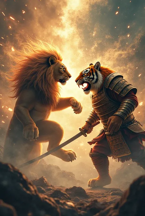 Image of a lion in Spathian mode vs. an animated samurai tiger
