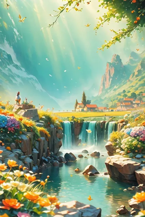  masterpiece,  the highest quality , landscape, landscape de ensueño,   rocky area with grass , Rocks in the distance.  an enchanted island full of rainbows,  COLORFUL FLOWERS.  Top quality ,  masterpiece,  Detailed.