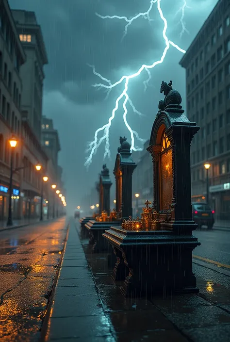  a bench with gym alters ,  in the middle of the street,  and a storm is falling , Closeup on the alters ,  several drops of water falling on the alters, Lightning and thunder in the background 