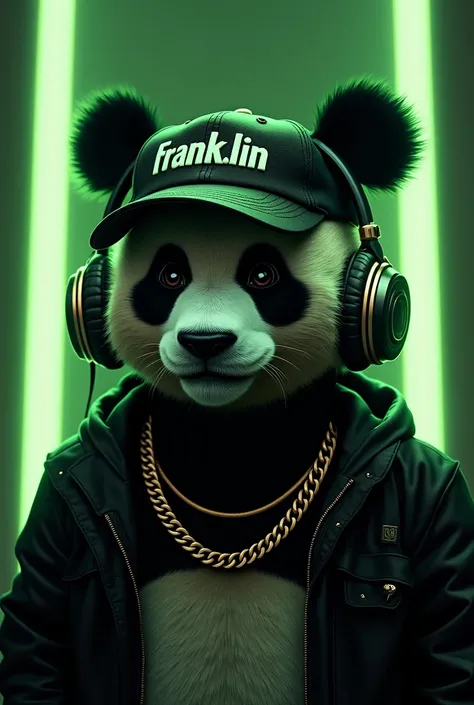 A panda in the front with headphones on ,  a cap that says “Franklin” on the neck and gold chain and that everything is black with fluorescent green 