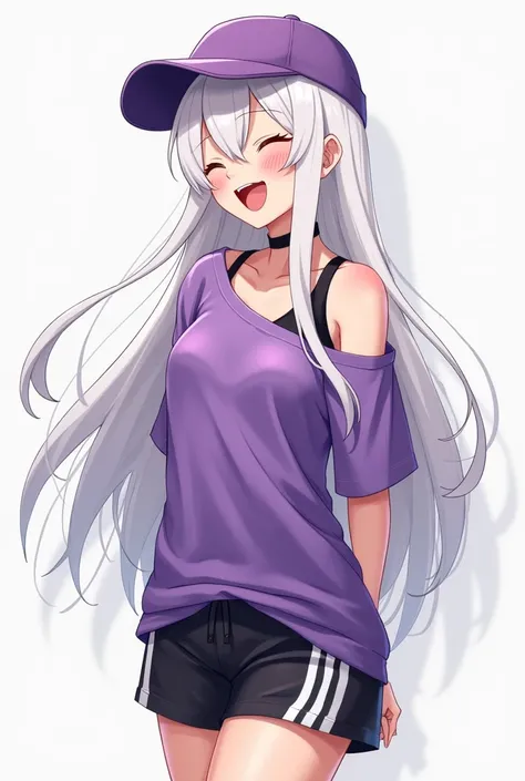 anime young adult girl with long white hair, eyes closed, purple backwards cap, purple loose shoulder t-shirt, black bra, black sports shorts, hands on her back, smiling with her mouth open