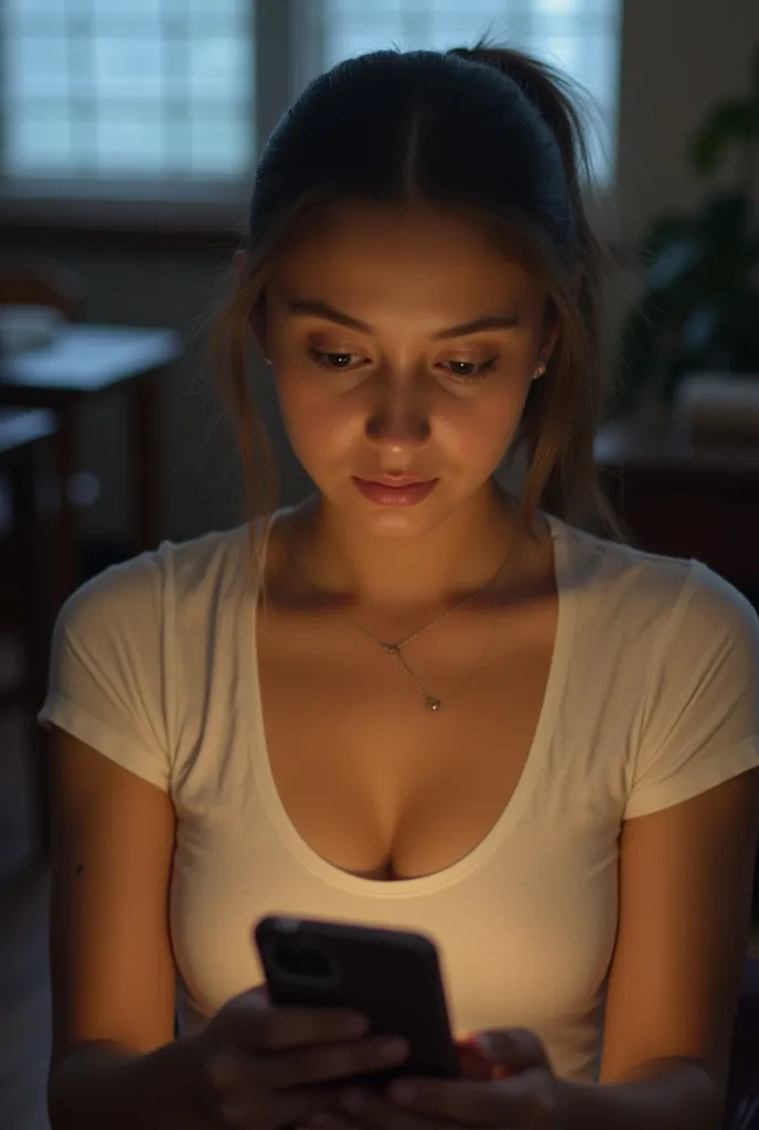 photograph of a stunningly attractive busty young woman looking down at her phone, she is sitting in class. She is wearing a t-shirt. She is looking down at her cleavage. gorgeous face. She has a gorgeous slender face and neck. She is a model. 18 year old ...