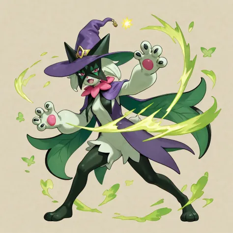 Pokémon Meowscarada with a wizard costume, making a sharp claw attack, Illuminated open field garden background 