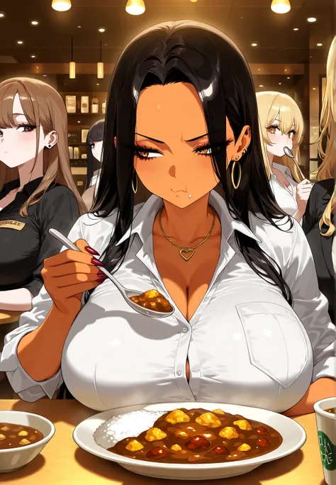 sfw, cool beauty, gyaru, 3 girls, big breast, upper body, eating curry_rice use Spoon, sulking, in cafe,