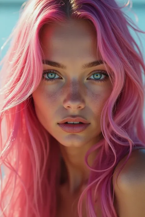 Create a realistic image of a pink-haired woman,  tanned skin and blue eyes 