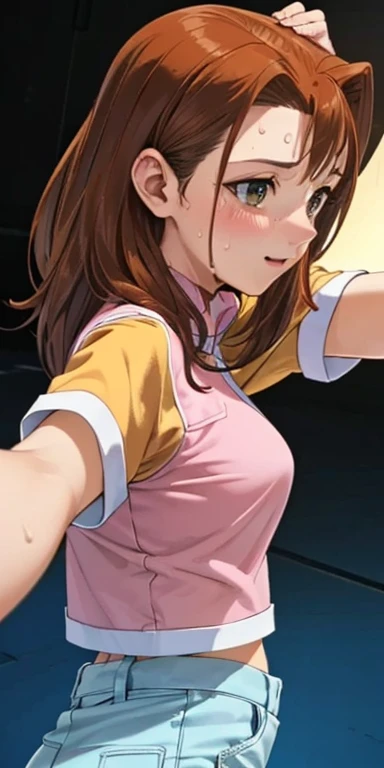  1 female, high definition, high resolution,  ultra-realistic  ,8K,serenidaddm ,  gray eyes, long hair,  brown hair,   pink shirt ,  blue shorts,European,sexy, breast {x} Close-up of the upper body,  photographed from the front , Dynamic Angles ,blush,  sm...