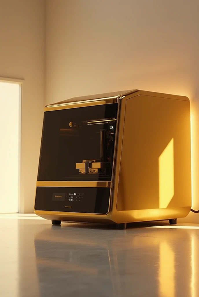 An image of a gold 3D printer for a 3D printing company with the name MAESTRIA 