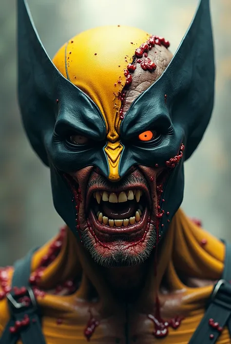 Zombie Wolverine, half of face is rotting away show teeth and skull beneath dripping flesh, half of face wears wolverine mask