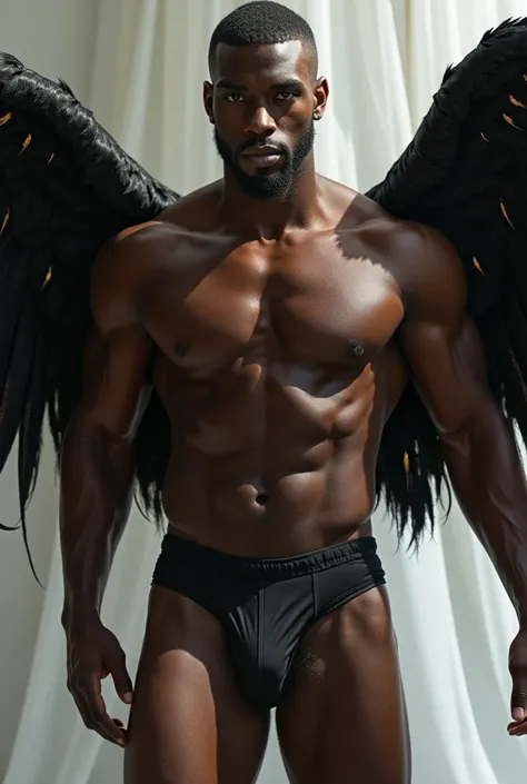  black man, with black wings and golden tips, seductive,  shirtless underwear (bare chest), white robes