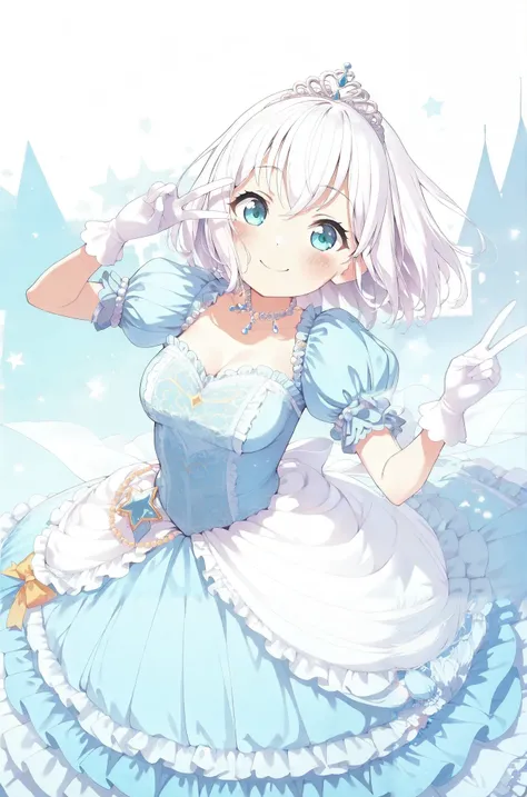 1girl, solo, kurata mashiro,white hair,short hair,blue eyes, {{medium breasts}}, {{{large breasts}}}, {{{smile}}}, {{{{masterpiece}}}}, {{{best quality}}}, {{{high quality}}}, {{{smile}}}, {{{princess costume}}}, {{{{{puff sleeve}}}}}, {{{princess}}}, {{{f...