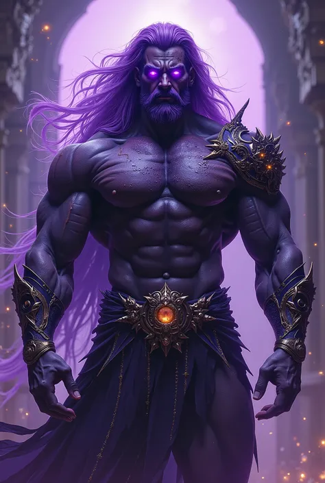 "A powerful, mystical character created by a goddess to be her lover and supreme general. Standing at 2.2 meters tall, he possesses a massively muscular, beautifully sculpted body with dark, violet-black skin that shimmers with an almost metallic glow. His...