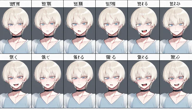 ((Highest Quality))), boy, femboy, short hair, jfcut, platinum blonde, pale blue eyes, inexpressive eyes, crop top with long sleeves, choker, expression chart, multiple expressions, multiple mugshots