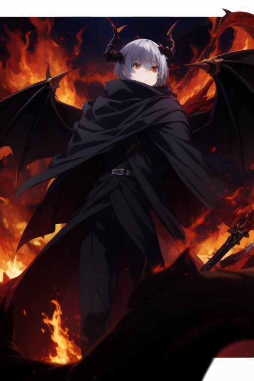 He's a male spirit from Date A Live. He has dragon wings, dragon horns, and a dragon's tail, and wears a black cloak with red hair that handles flame and lava with a huge sword.