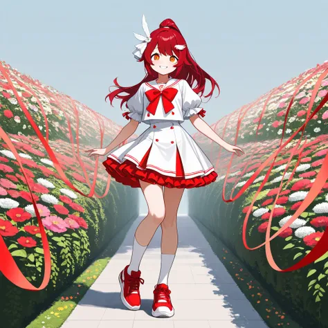  full picture, whole body, looking at viewer, standing, Large, up, front,  1 girl, age18, (( idol)),  Height, tall, Dark Red Hair,  High Position Ponytail , Red Ribbon hair accessories,  (White feather decoration on hair),  orange eyes, Common design ,  Wh...