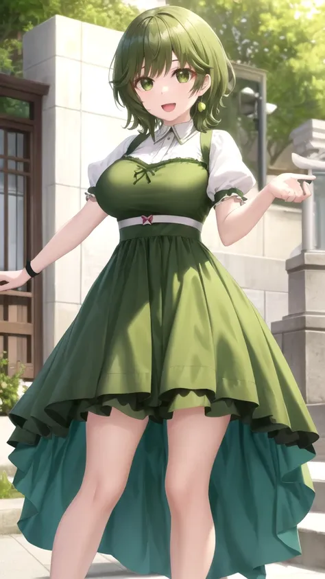 Masterpieces, Best Quality, girl, looking at viewer, isanahigashira, isana higashira, short hair, bangs, (green eyes:1.3), green hair, large breasts, Genshin Impact cosplay, princess Dress, standing, smile, open mouth, outdoors 