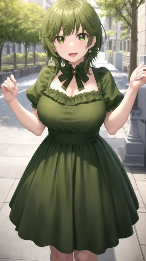 Masterpieces, Best Quality, girl, looking at viewer, isanahigashira, isana higashira, short hair, bangs, (green eyes:1.3), green hair, large breasts, Genshin Impact cosplay, princess Dress, standing, smile, open mouth, outdoors 