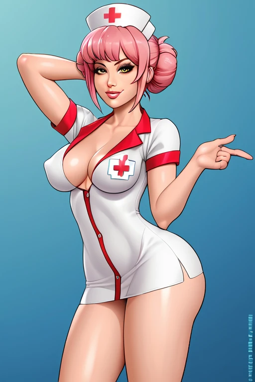 1 girl. Female. skin. Short pink hair. Yellow eyes. Boobs. Pose sexy. Sexy nurse 