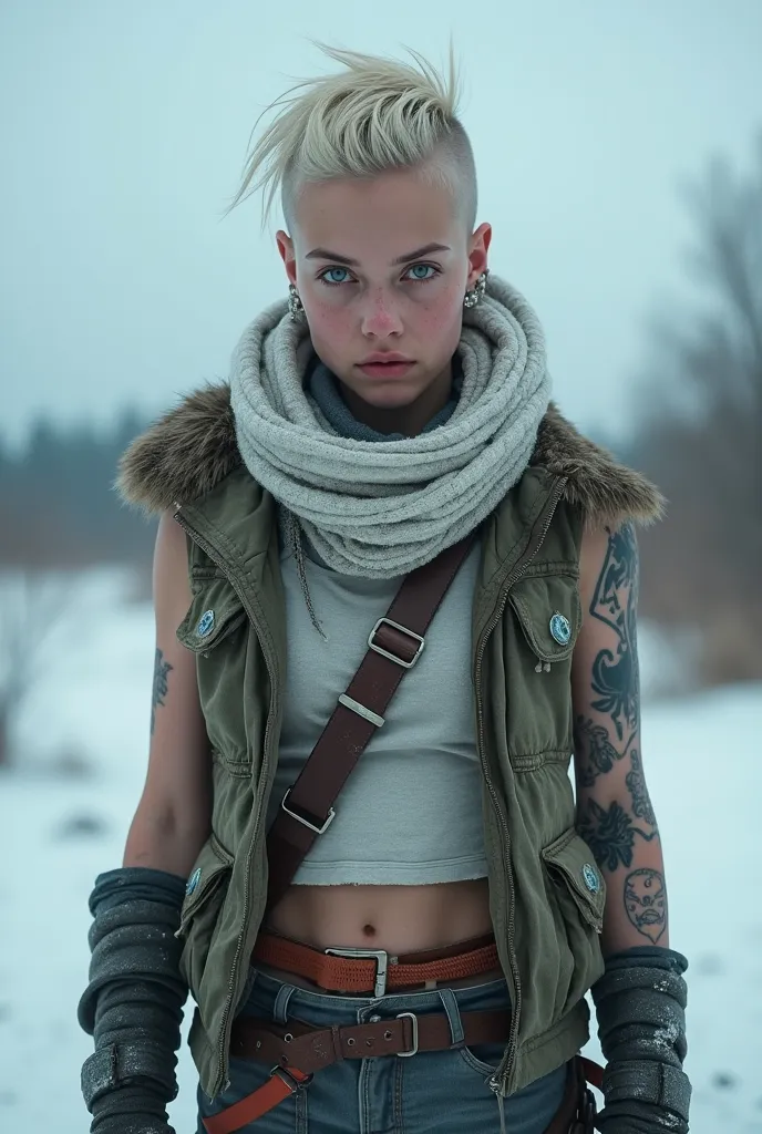 Masterpiece, full body shot of a beautiful Norwegian teenage girl in a post-apocalyptic frozen wilderness, punk blonde short hi-top hair shaved on sides, blue-grey eyes, very pale skin, high detailed skin, runners slim body, tense face, dramatic face, toug...